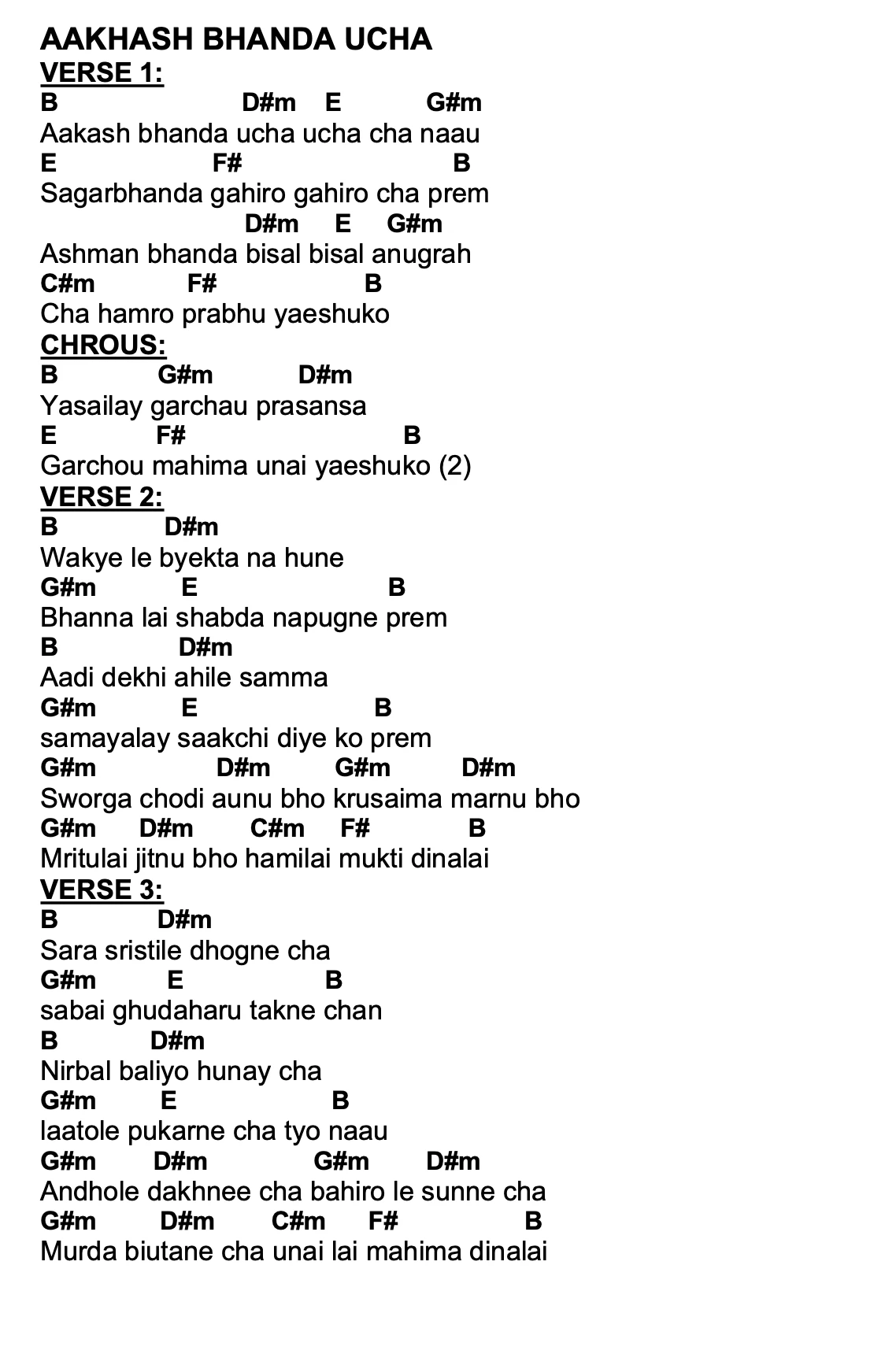 Lyrics and chords for Aakhash Bhanda Ucha, key B, page 2 of 2