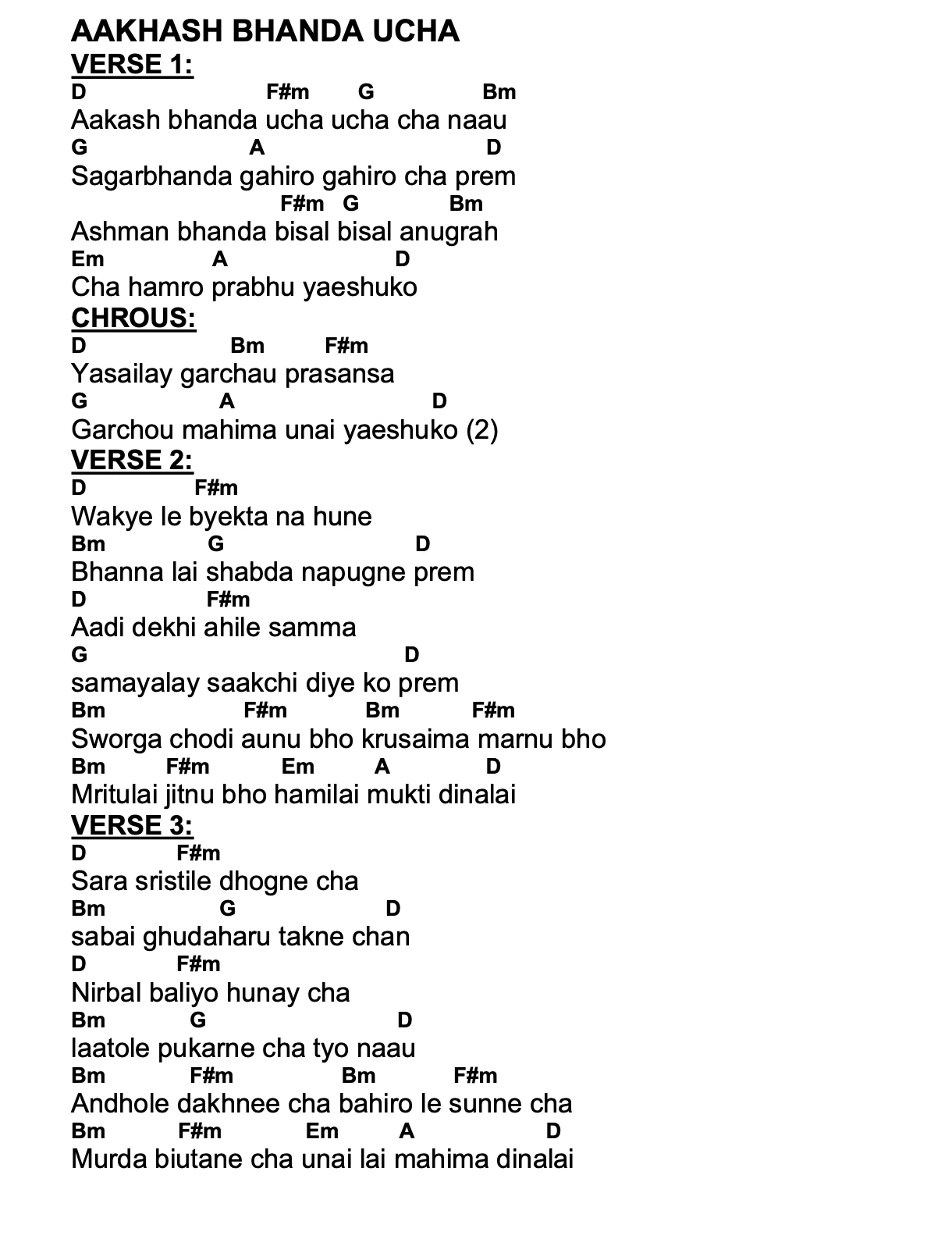 Lyrics and chords for Aakhash Bhanda Ucha, key D, page 2 of 2