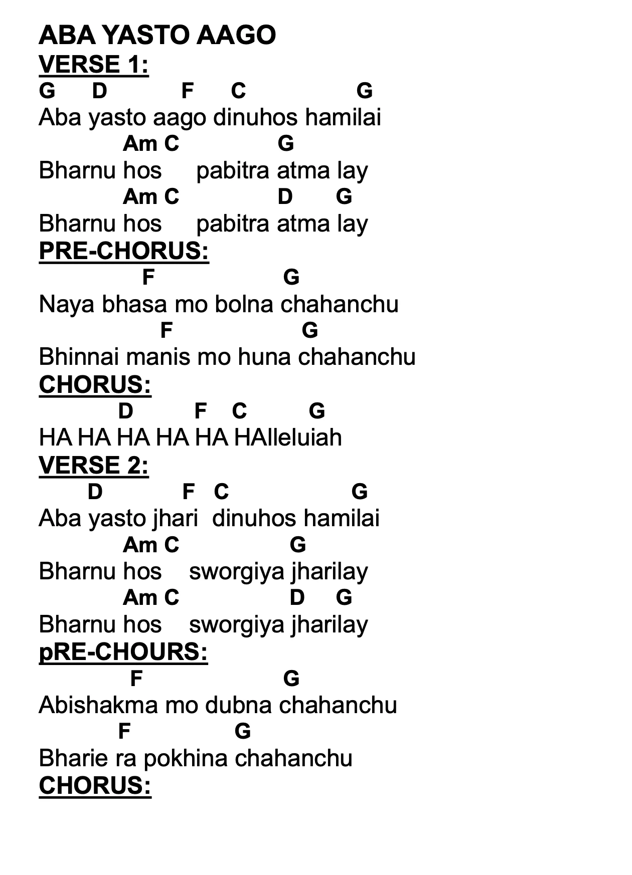 Lyrics and chords for Aba Yasto Aago, key G, page 2 of 2
