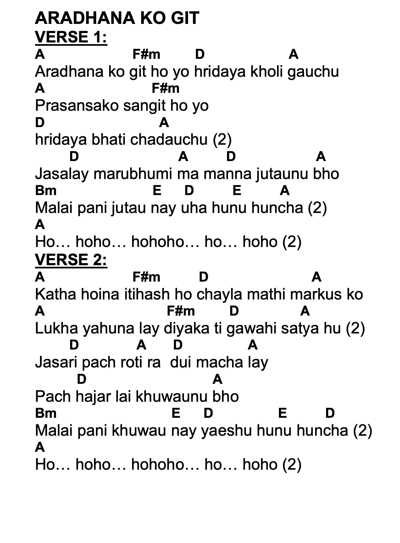 Lyrics and chords for Aradhana Ko Git, key A, page 2 of 2