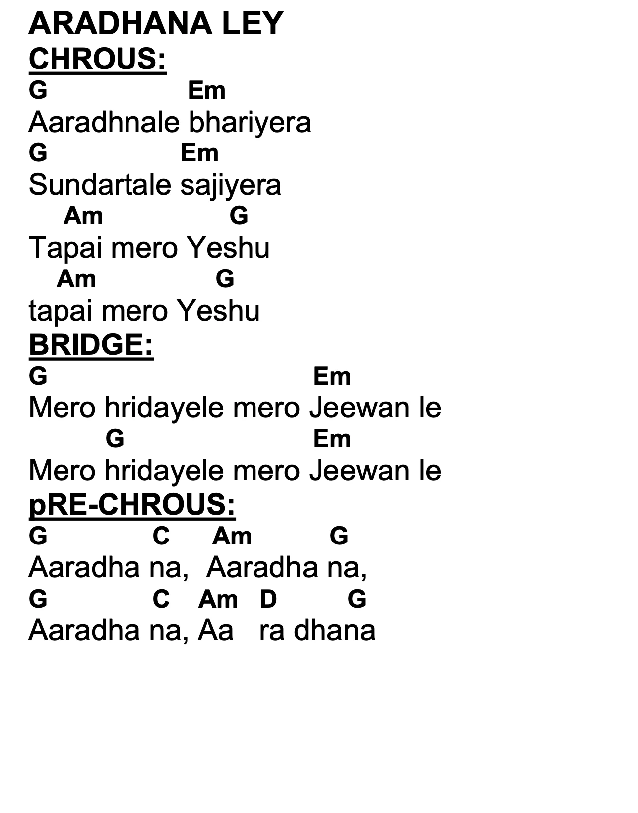 Lyrics and chords for Aradhana Ley, key G, page 2 of 2
