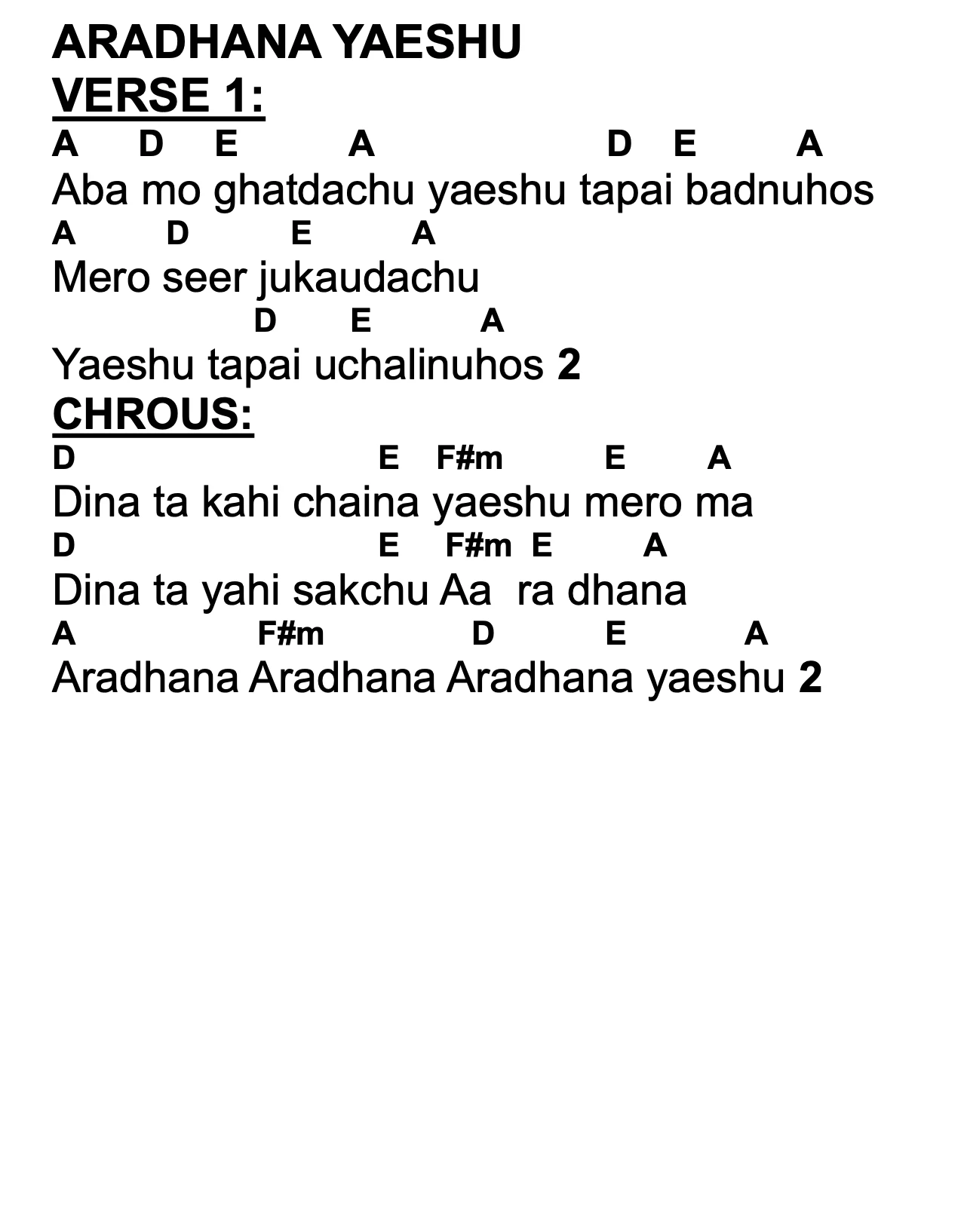 Lyrics and chords for Aradhana Yaeshu, key A, page 2 of 2