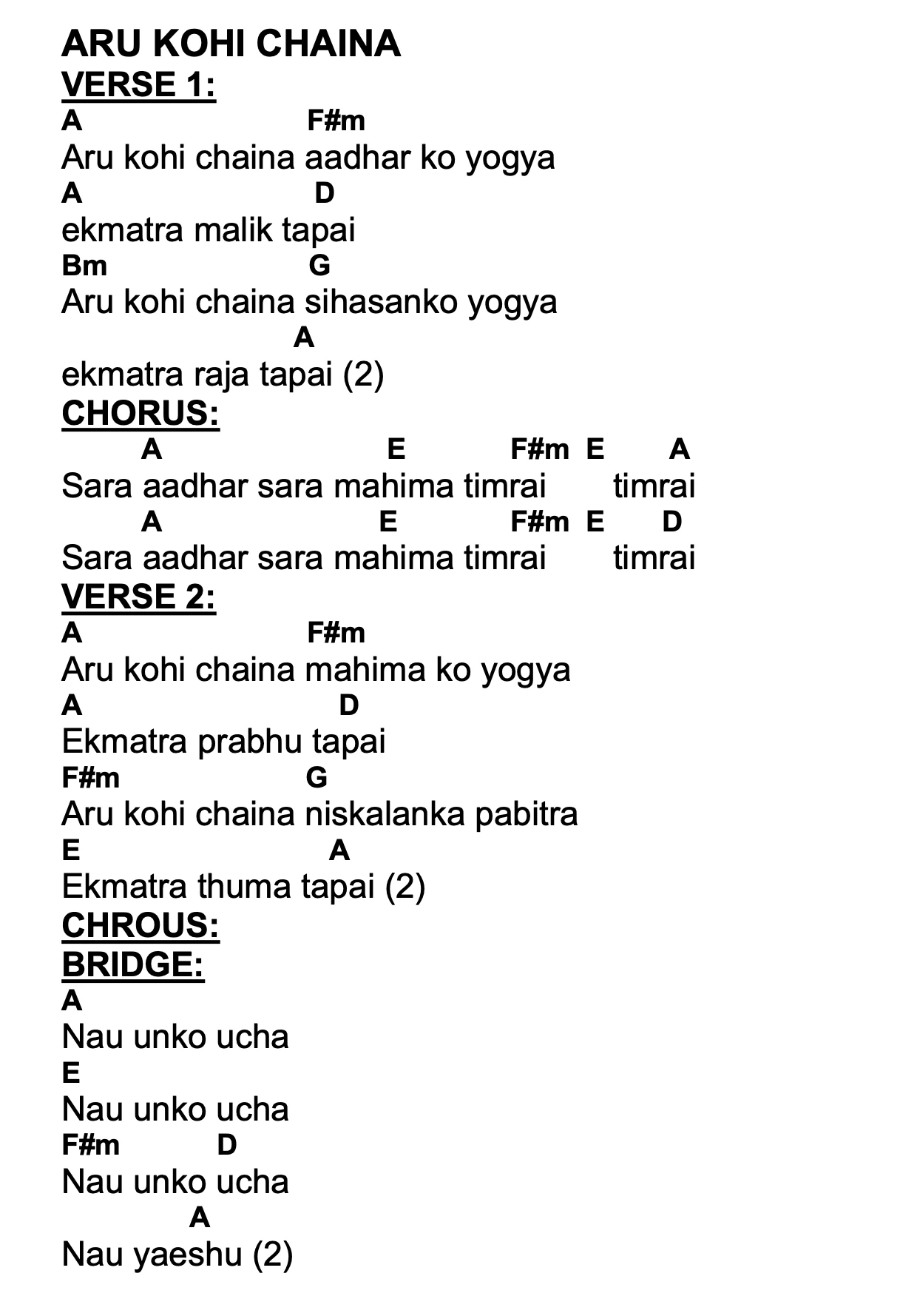 Lyrics and chords for Aru Kohi Chaina, key A, page 2 of 2