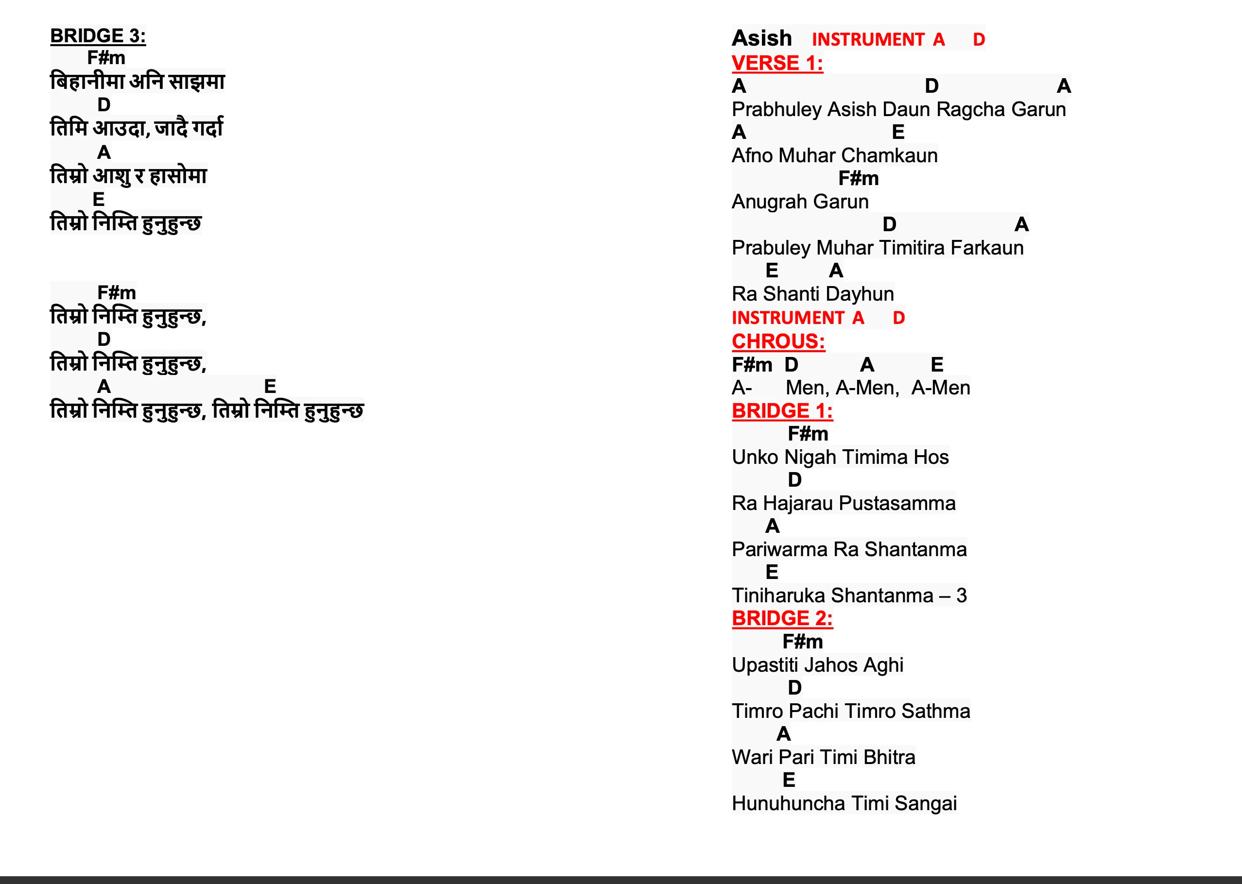 Lyrics and chords for Asish, key A, page 2 of 3