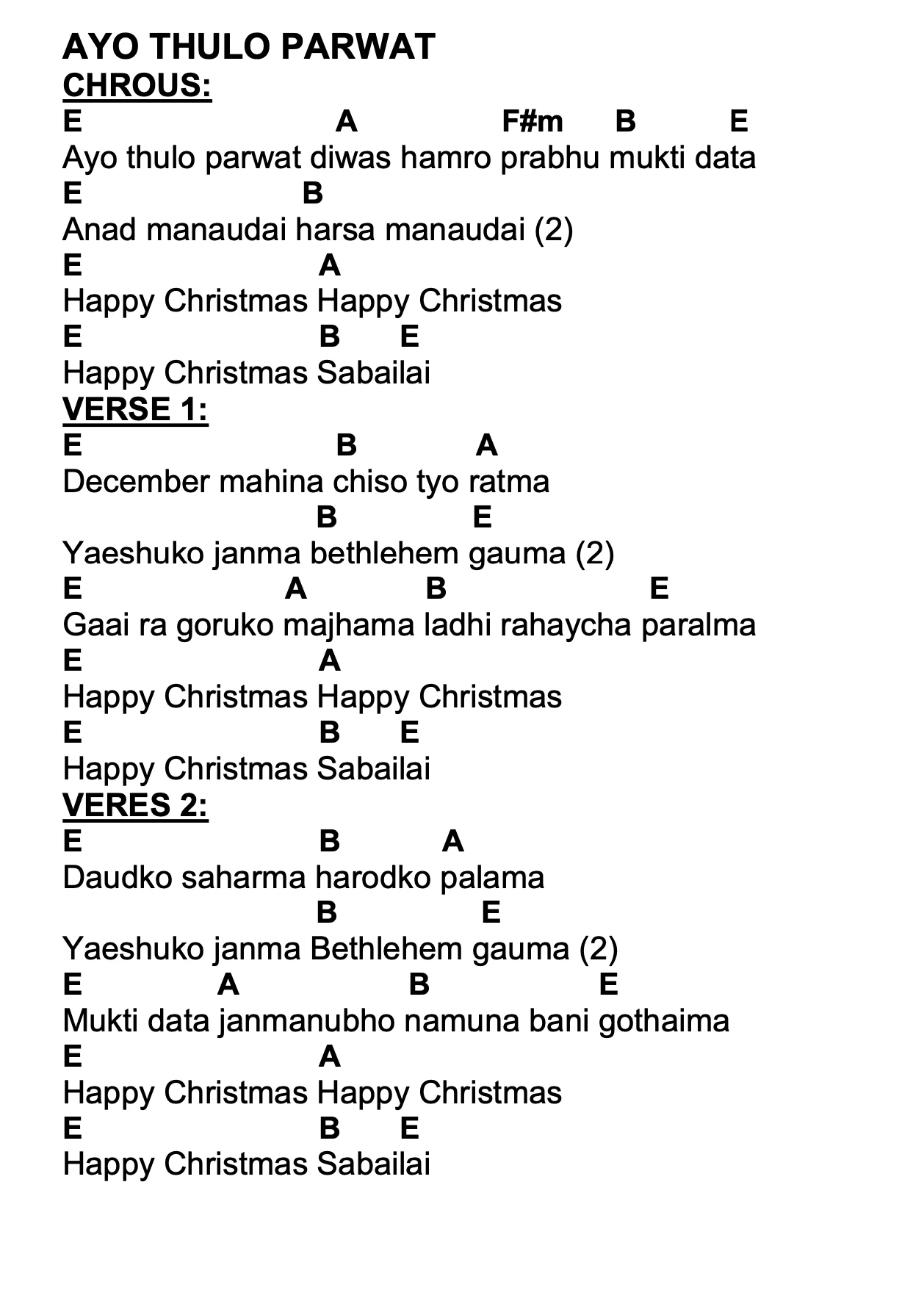 Lyrics and chords for Ayo Thulo Parwat, key E, page 2 of 2