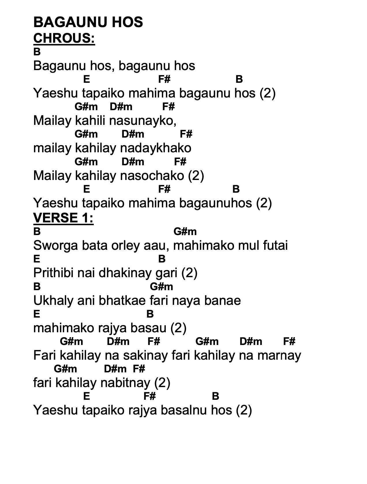 Lyrics and chords for Bagaunu Hos, key B, page 2 of 2