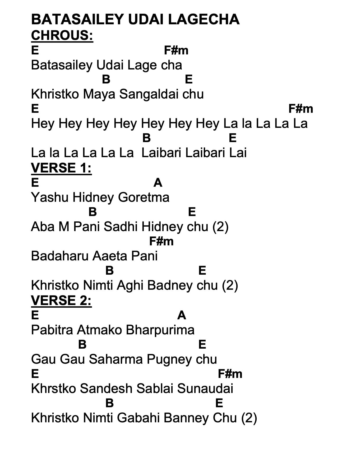 Lyrics and chords for Bato Sanatanko, key A, page 2 of 2
