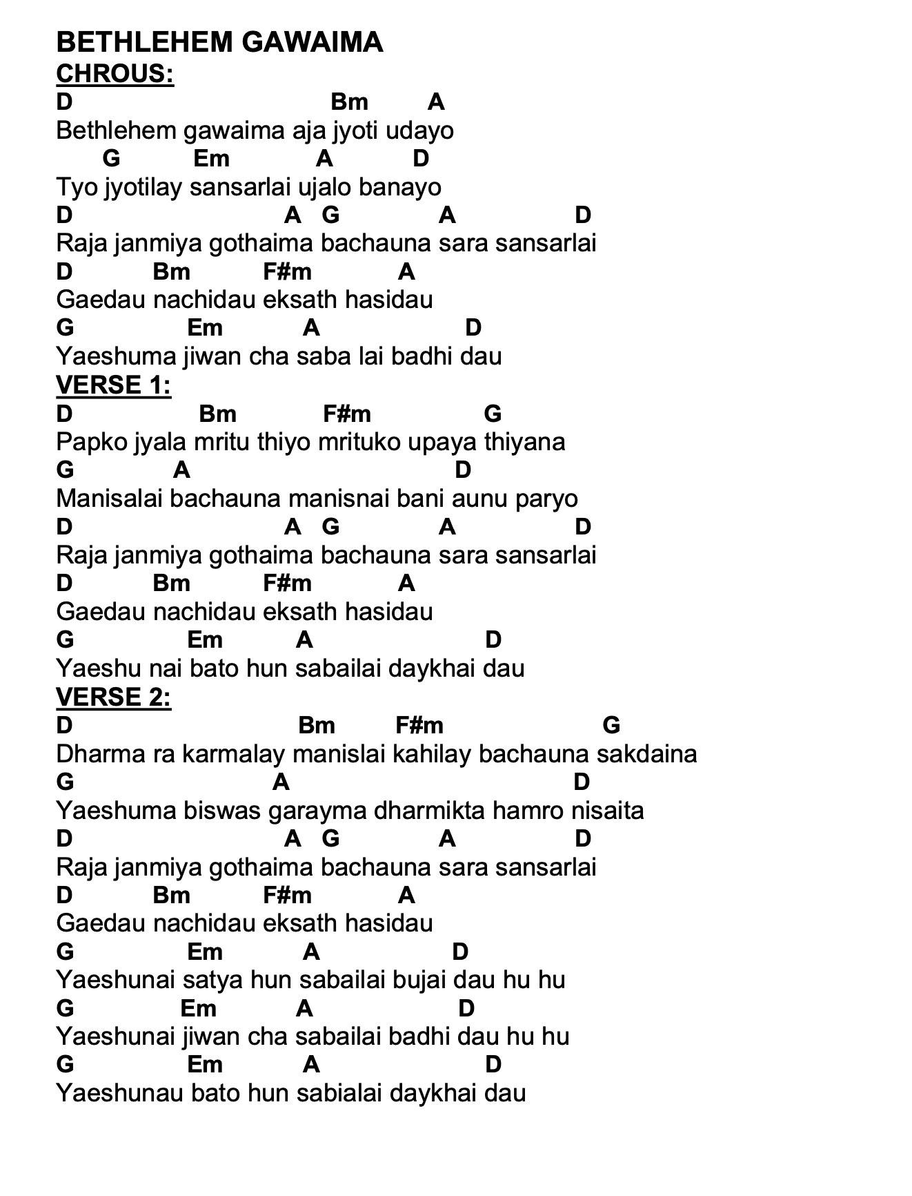 Lyrics and chords for Bethlehem Gawaima, key D, page 2 of 2
