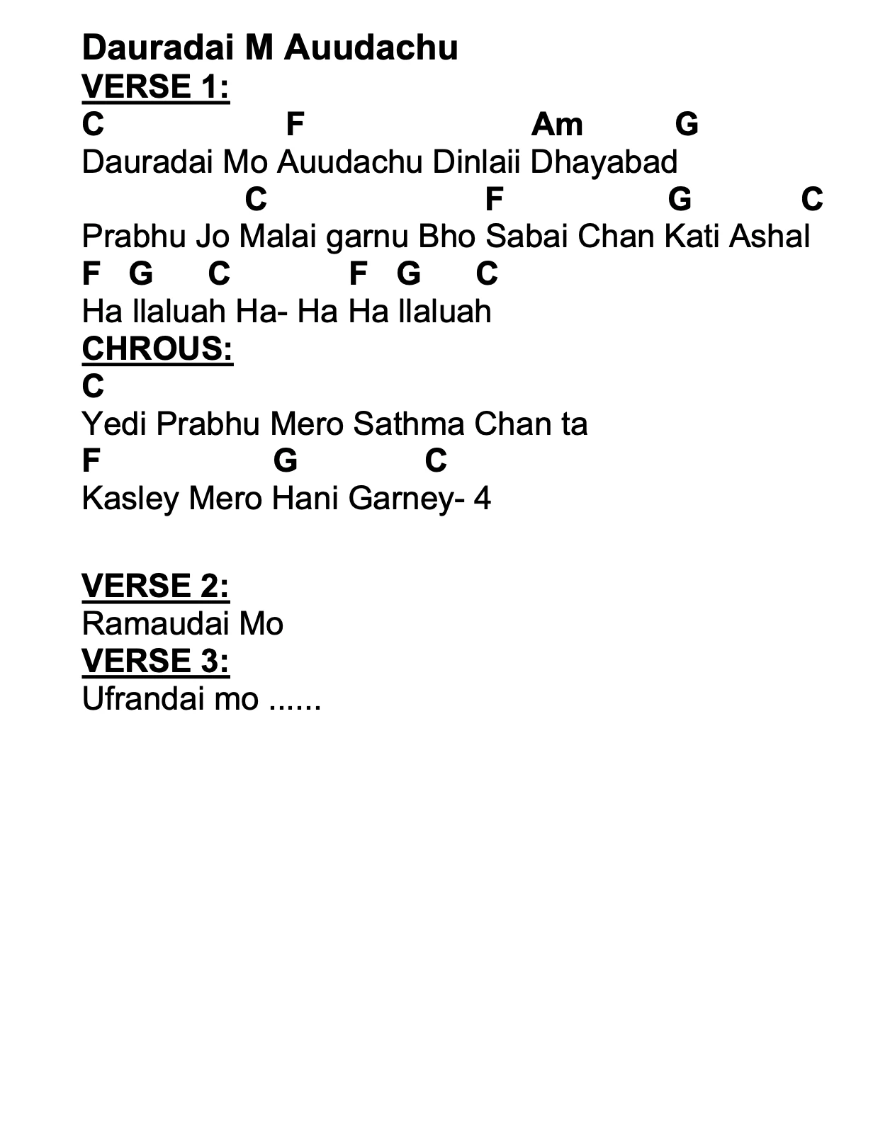 Lyrics and chords for Dauradai M Auudachu, key C, page 2 of 2