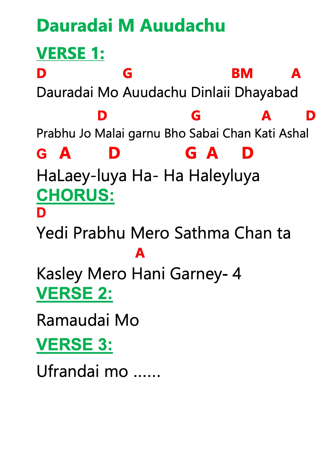 Lyrics and chords for Dauradai M Auudachu, key D, page 2 of 2