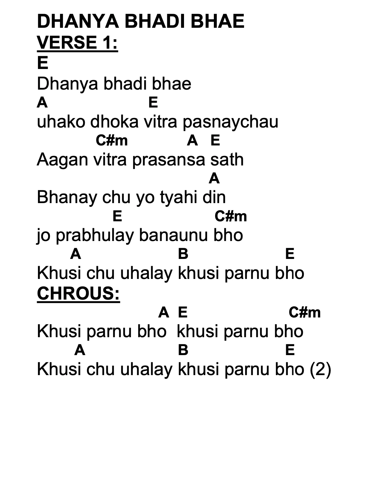 Lyrics and chords for Dhanya Bhadi Bhae, key E, page 2 of 2