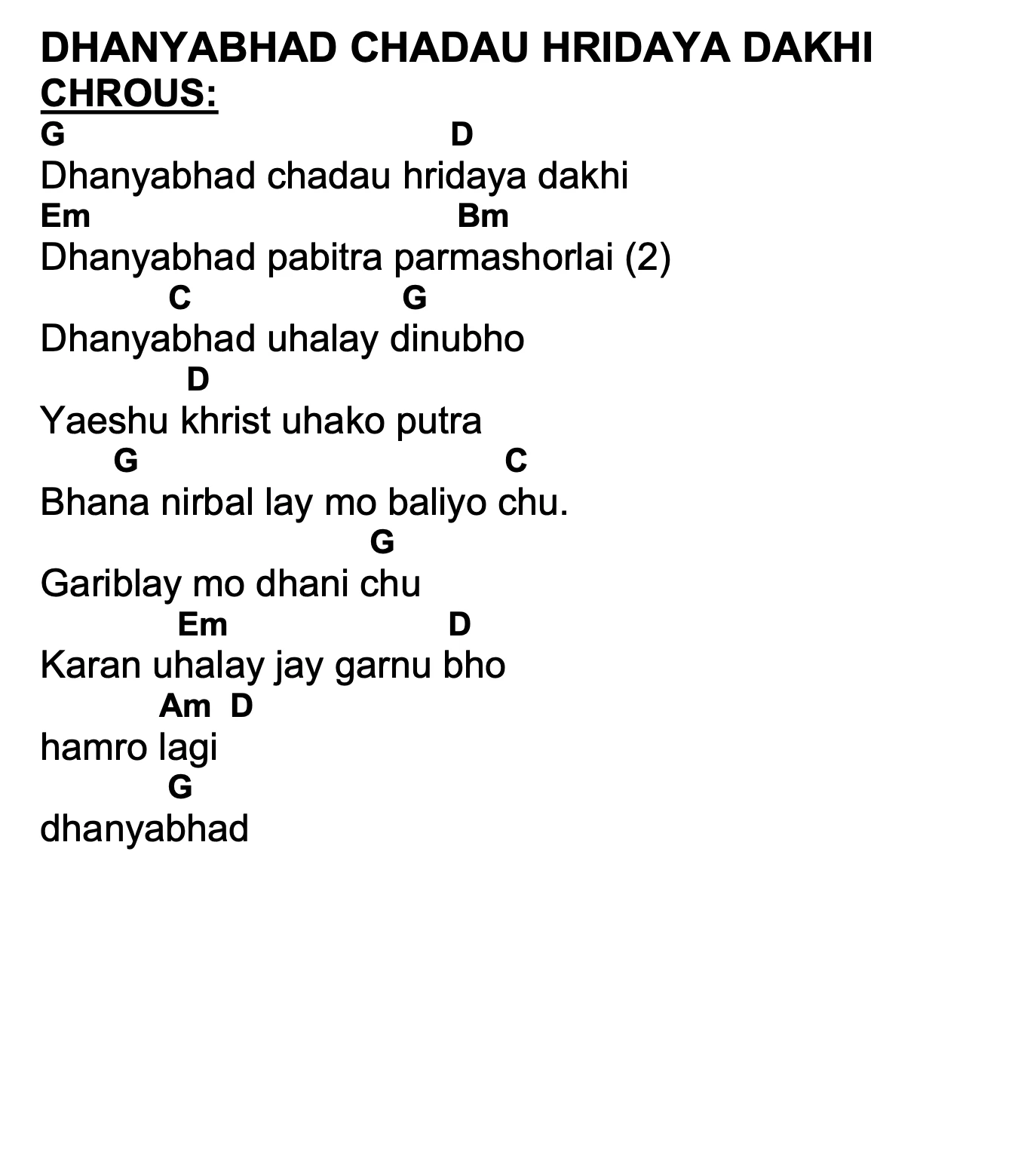 Lyrics and chords for Dhanyabhad Chadau Hridaya Dakhi, key G, page 2 of 2