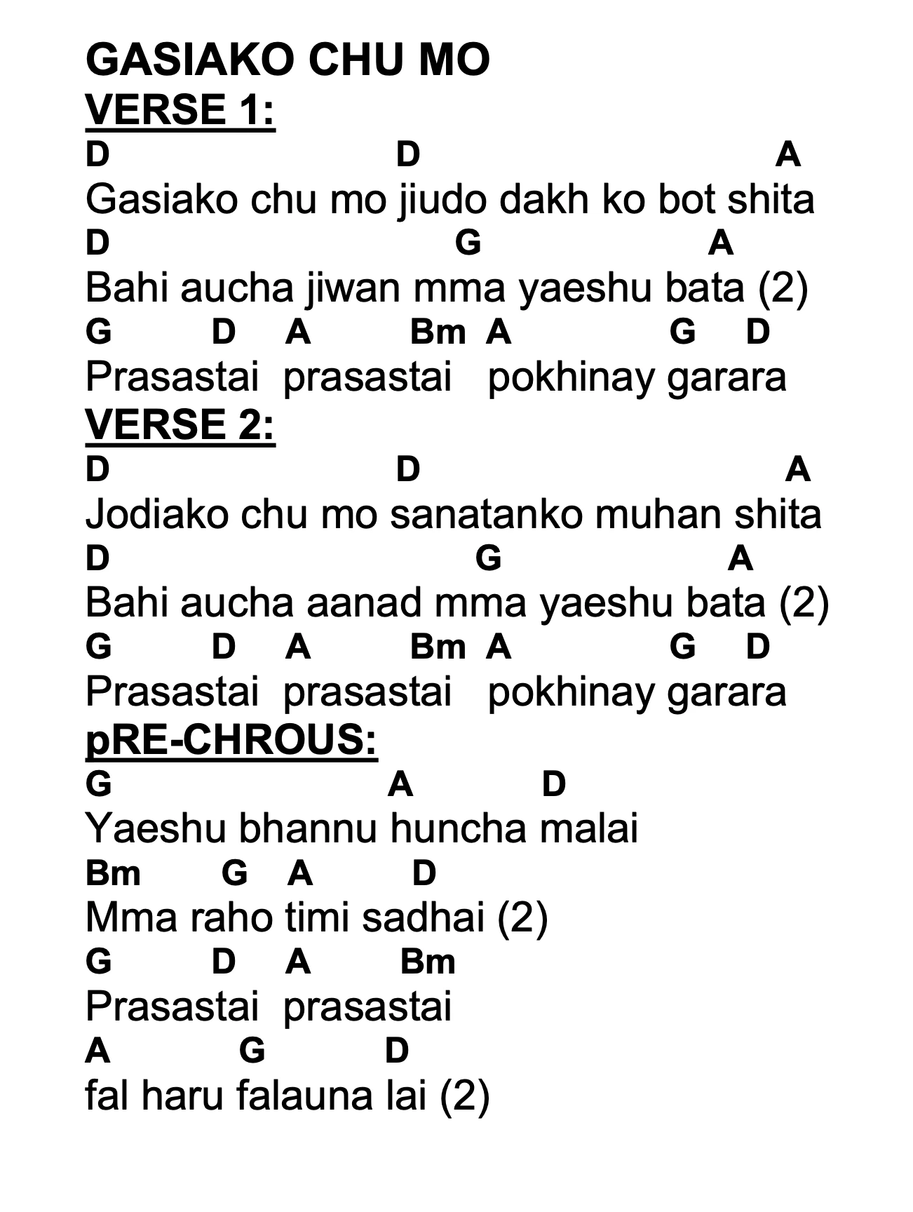 Lyrics and chords for Gasiako Chu Mo, key D, page 2 of 2