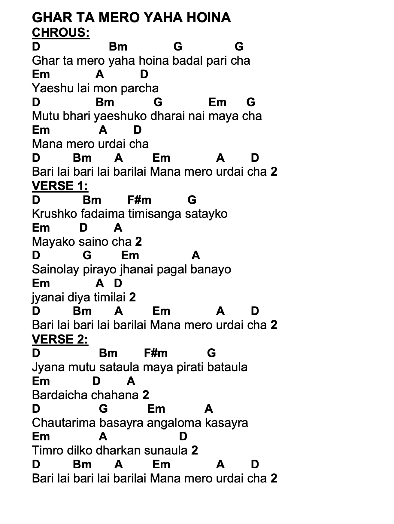 Lyrics and chords for Ghar Ta Mero Yaha Hoina, key D, page 2 of 2