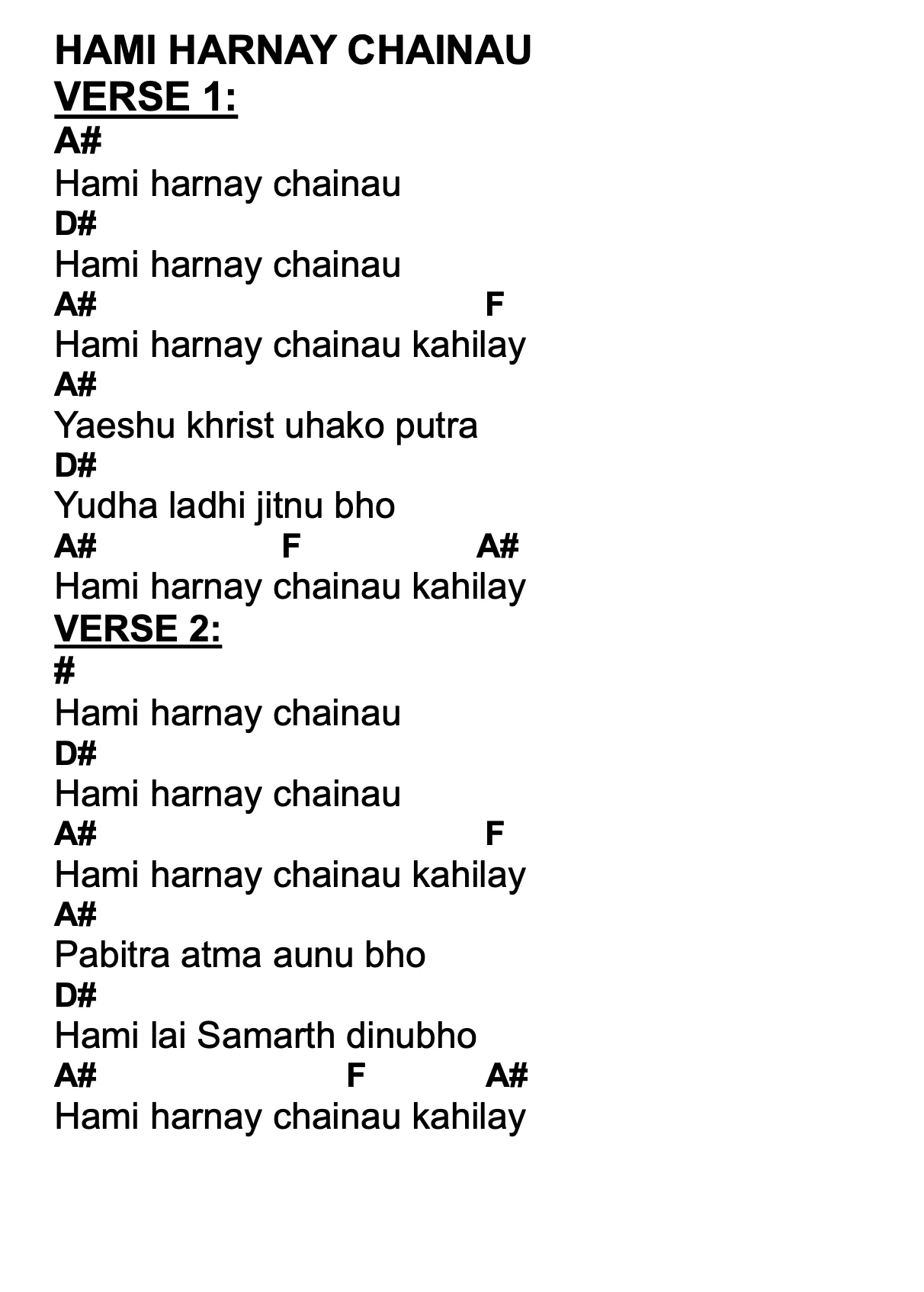 Lyrics and chords for Hami Harnay Chainau, key A#, page 2 of 2