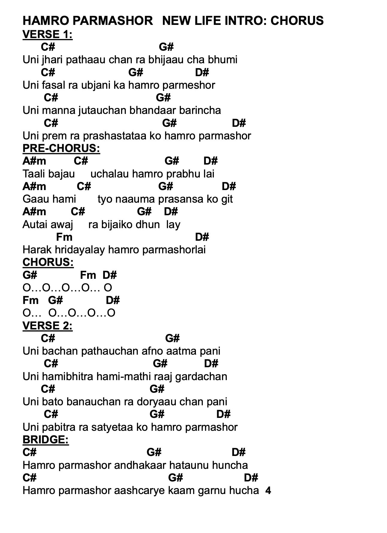 Lyrics and chords for Hamro Parmashor New Life, key C#, page 2 of 2