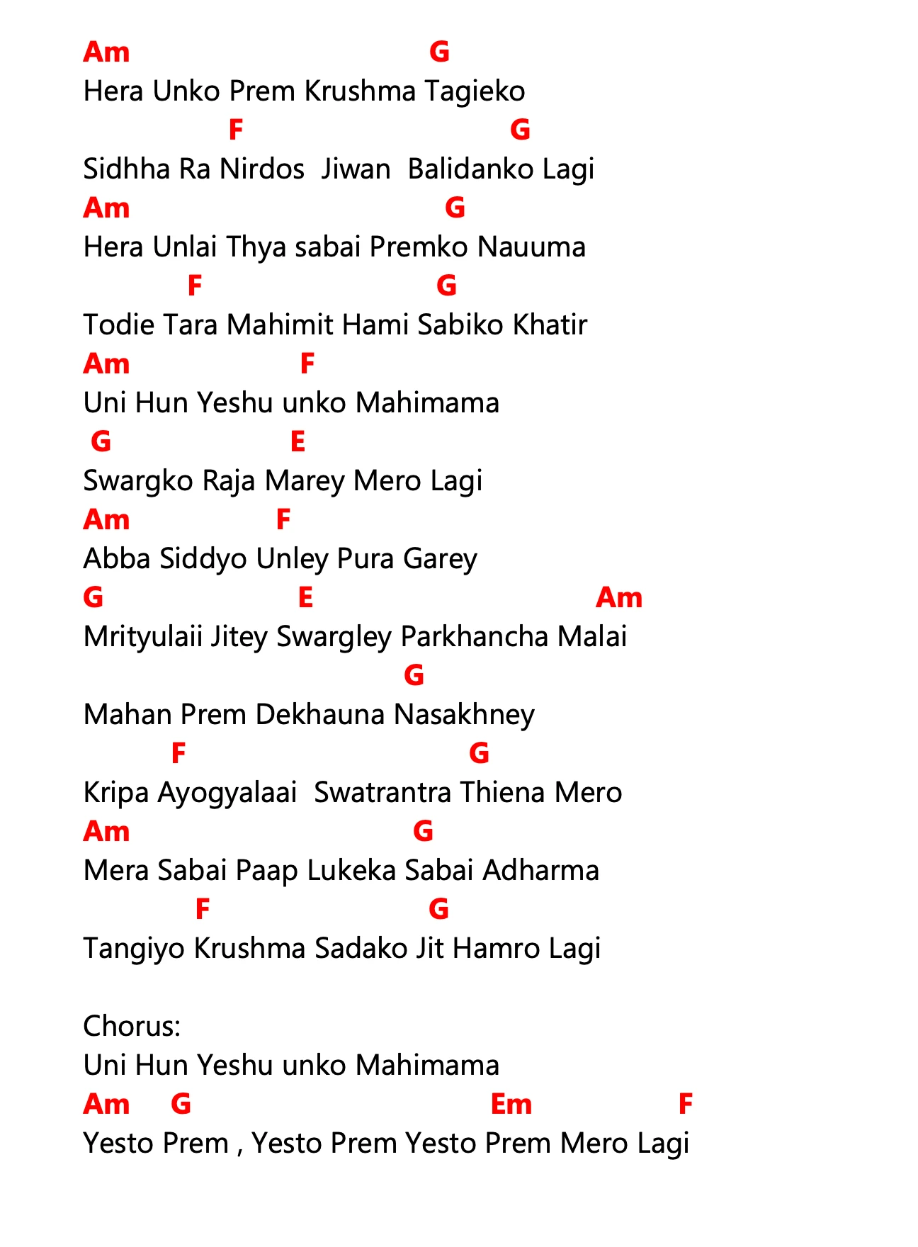 Lyrics and chords for Hera Unko Prem, key Am, page 2 of 2