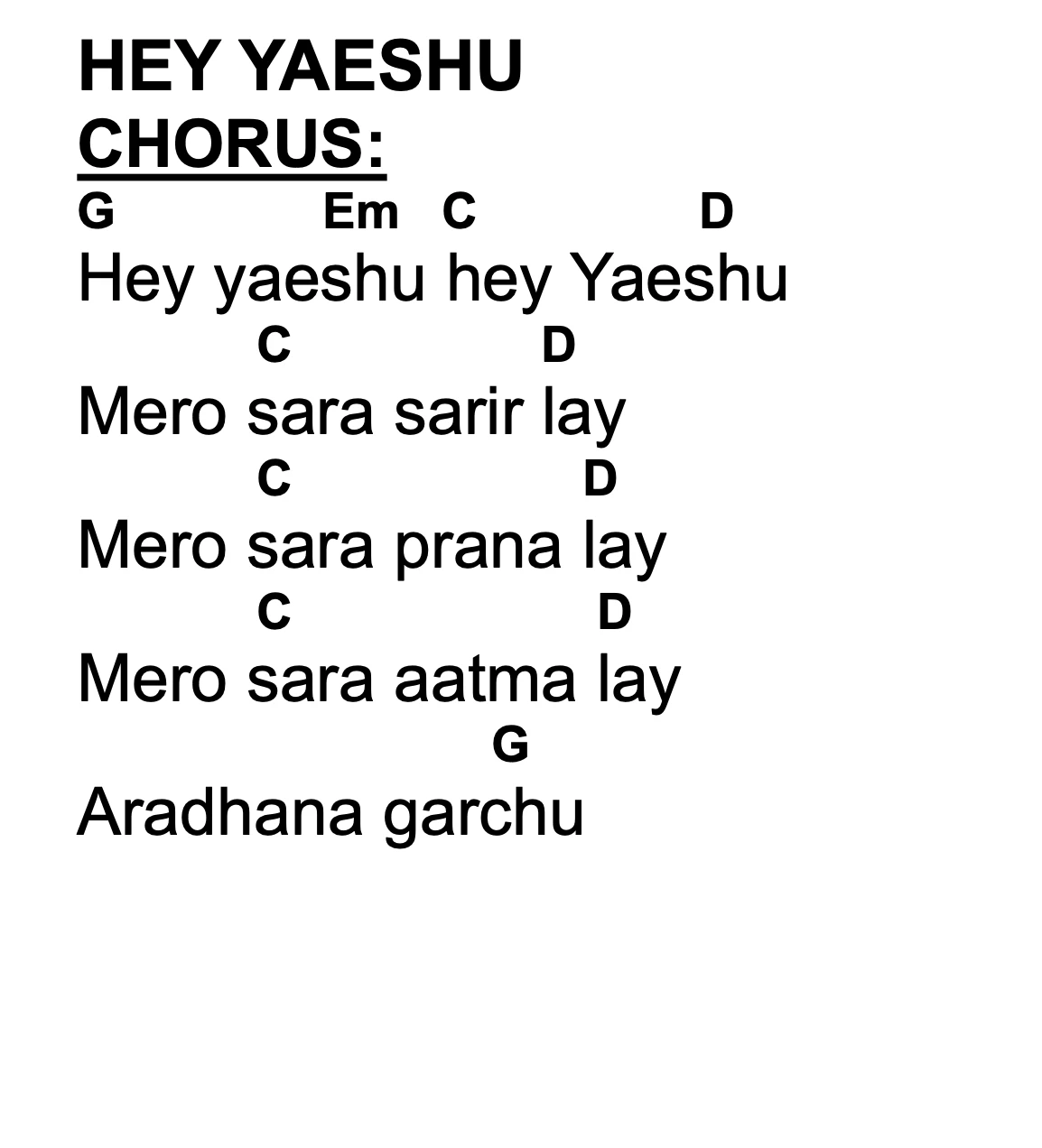 Lyrics and chords for Hey Yaeshu Timro Prem, key E, page 2 of 2