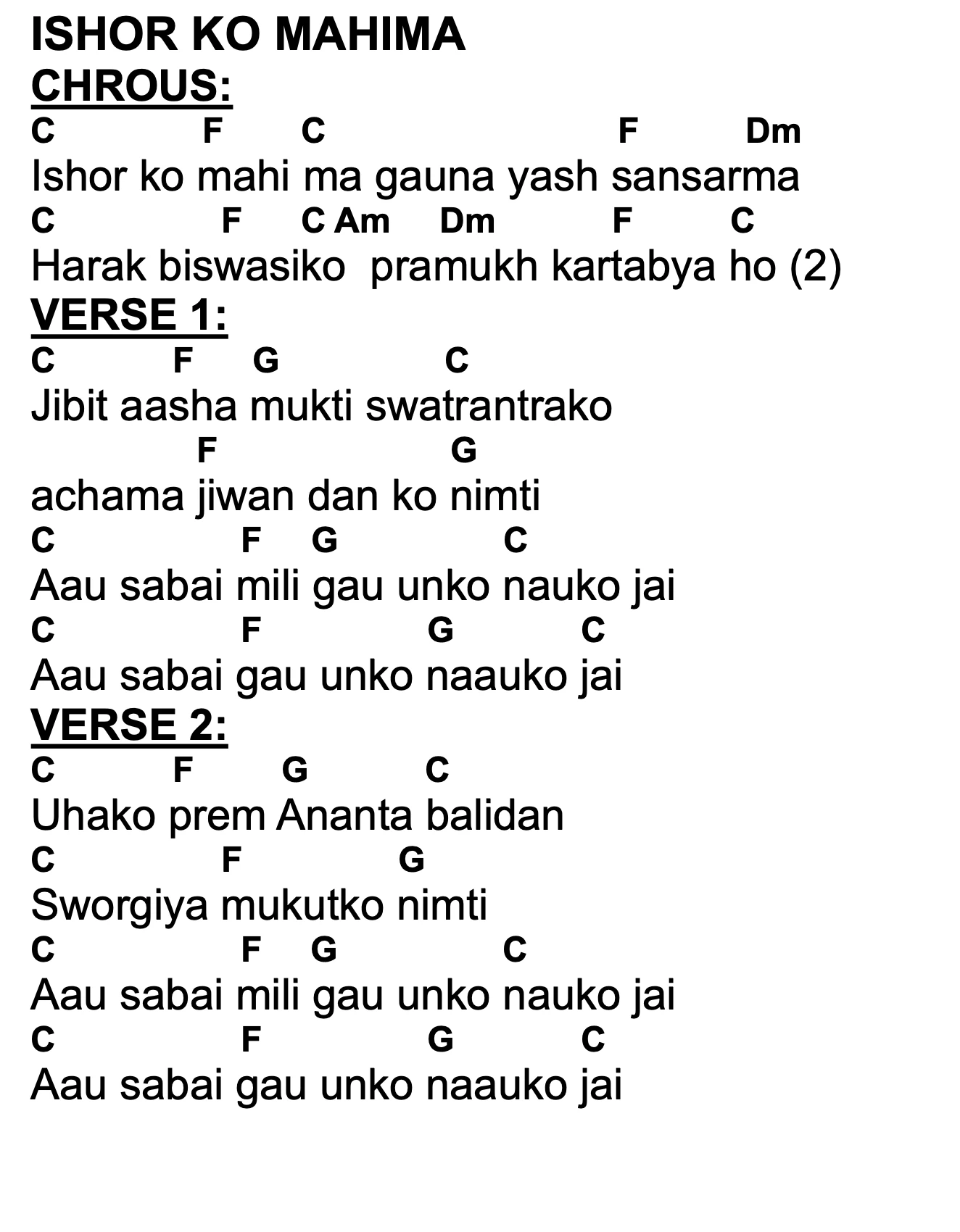 Lyrics and chords for Ishor Ko Mahima, key C, page 2 of 2
