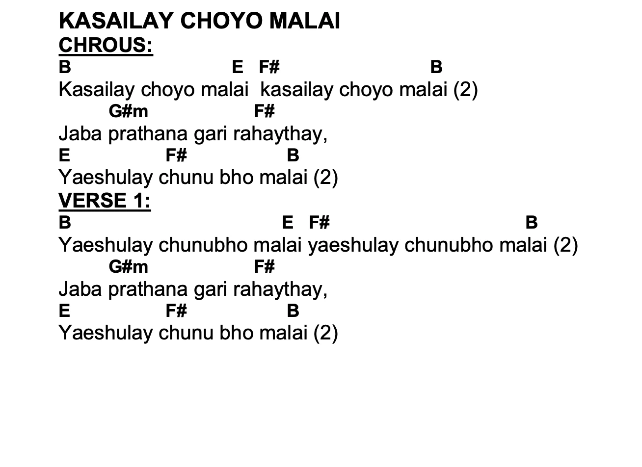 Lyrics and chords for Kasailay Choyo Malai, key B, page 2 of 2