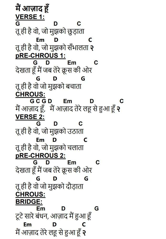 Lyrics and chords for Main Azaad Hoon, key G, page 2 of 2