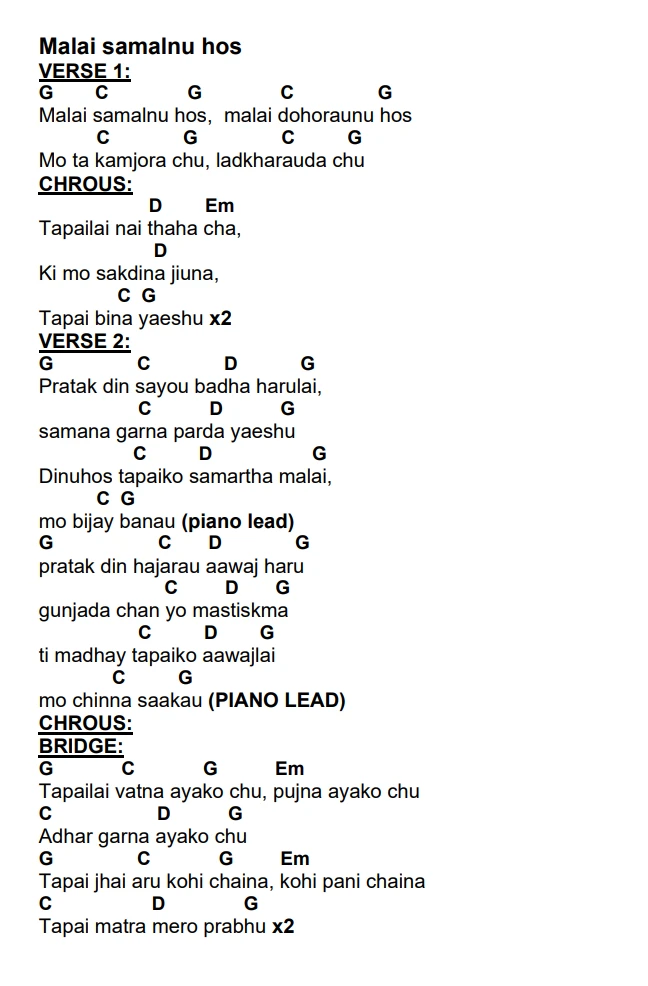 Lyrics and chords for Malai Samalnu Hos, key G, page 2 of 2