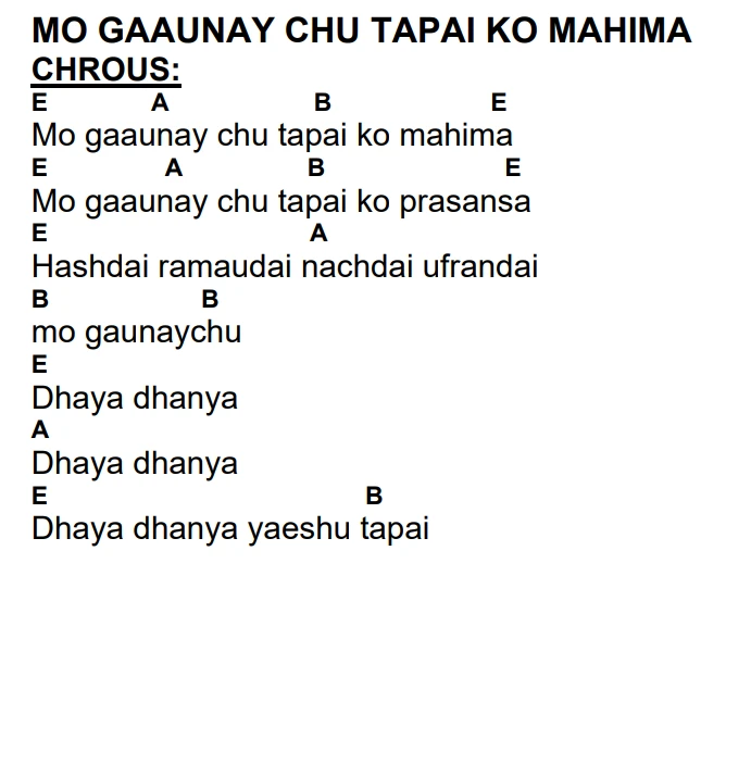 Lyrics and chords for Mo Gaaunay Chu Tapai Ko Mahima, key E, page 2 of 2