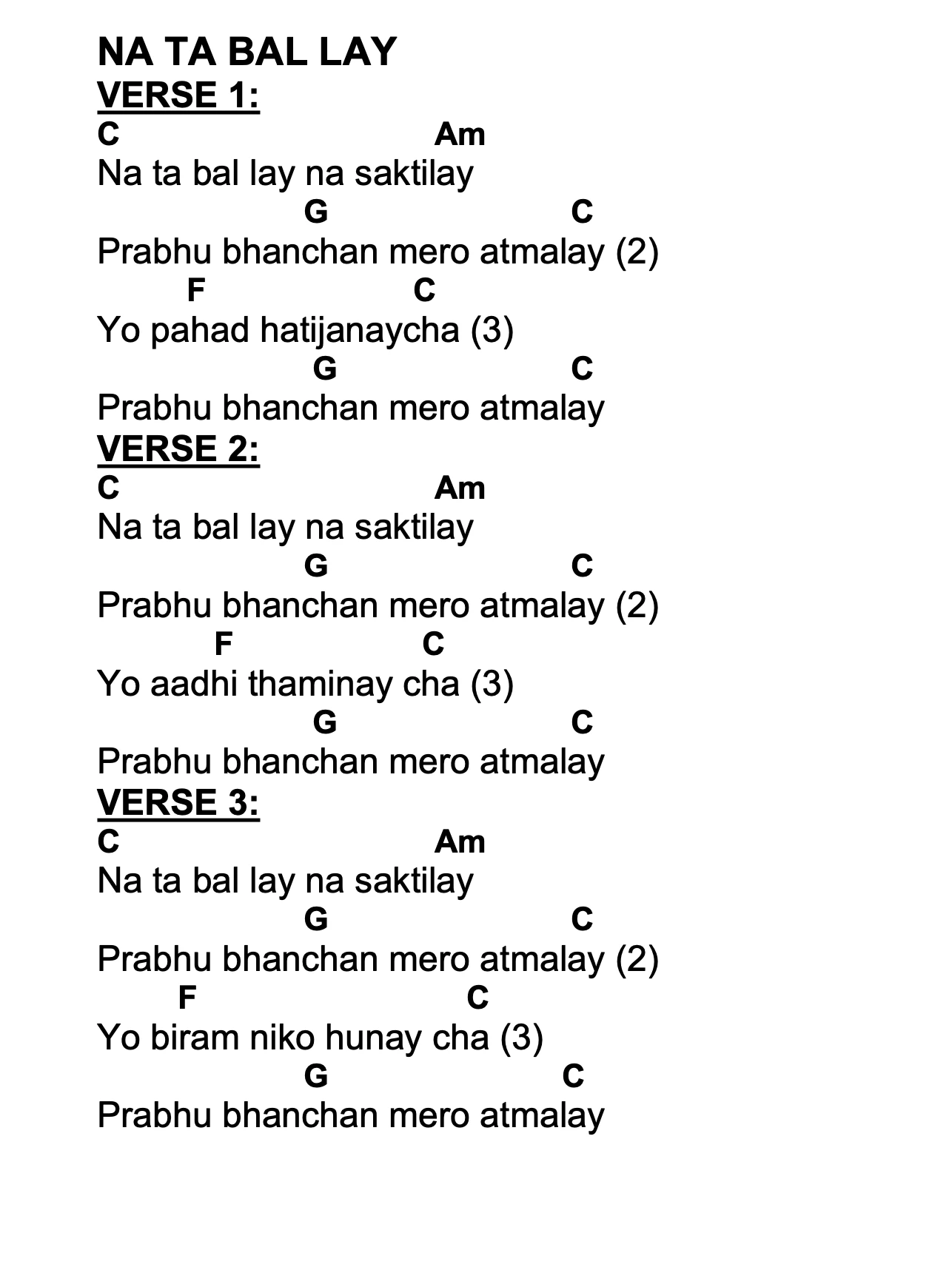 Lyrics and chords for Na Ta Bal Lay, key C, page 2 of 2