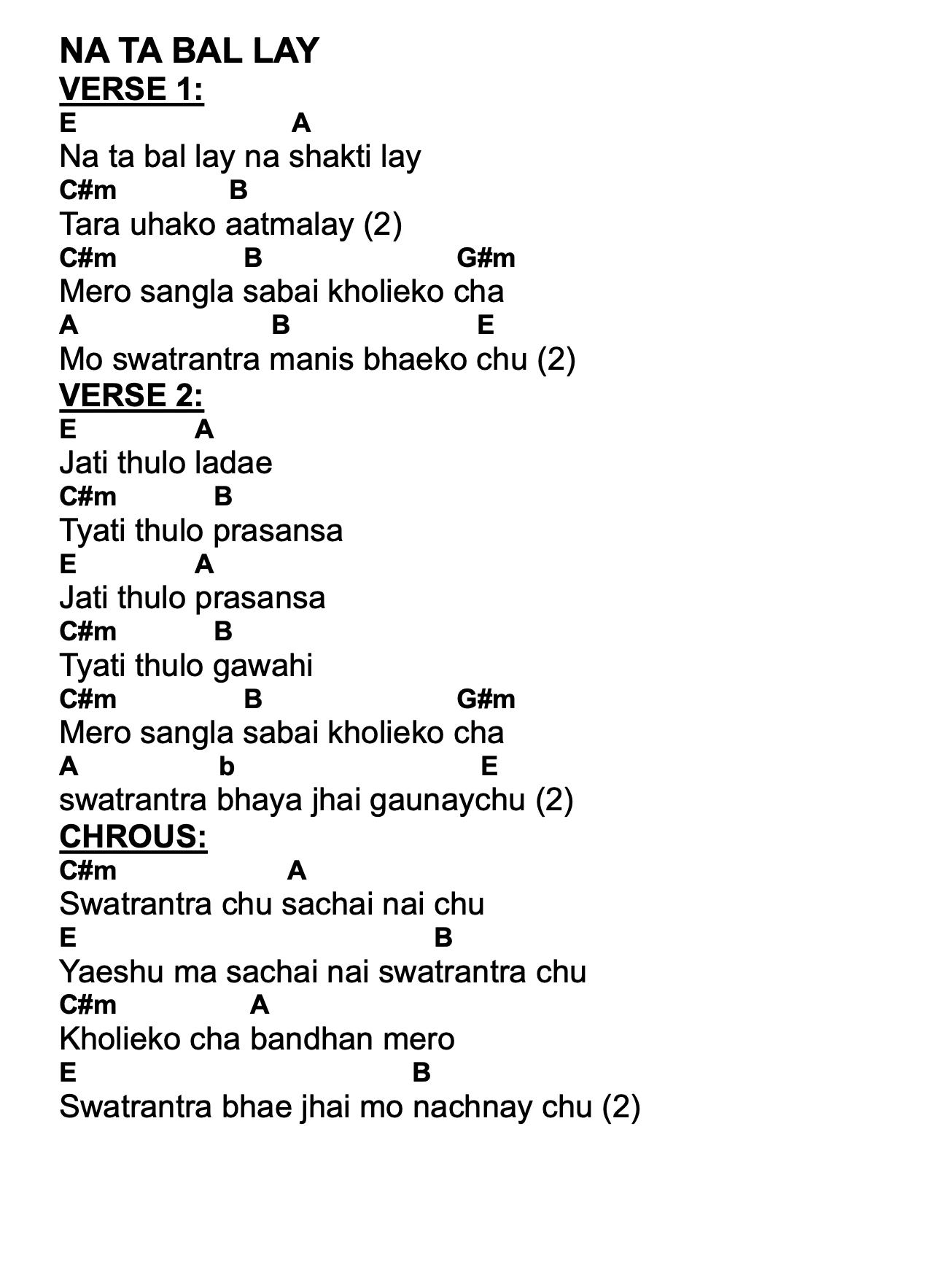 Lyrics and chords for Na Ta Bal Lay, key E, page 2 of 2