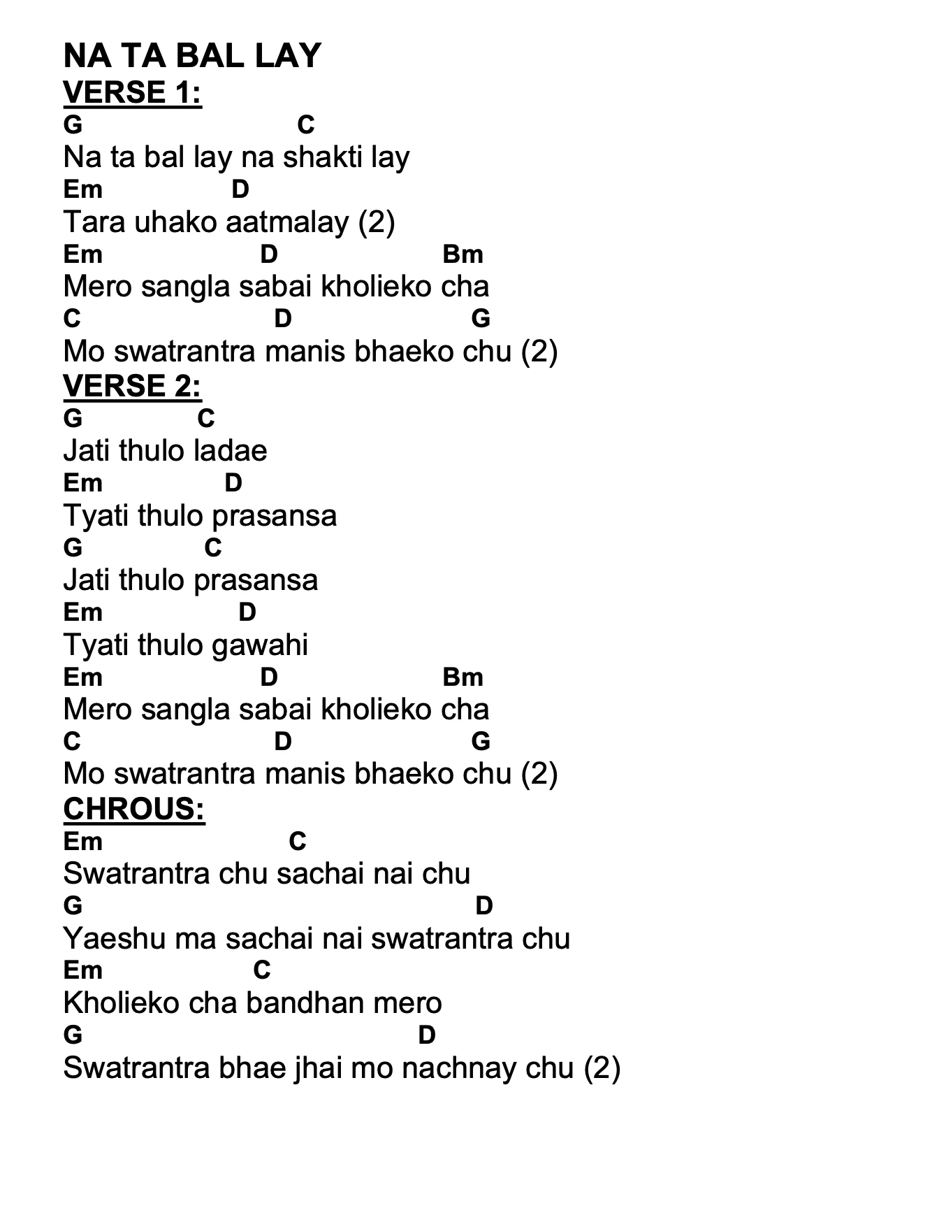 Lyrics and chords for Na Ta Bal Lay, key G, page 2 of 2
