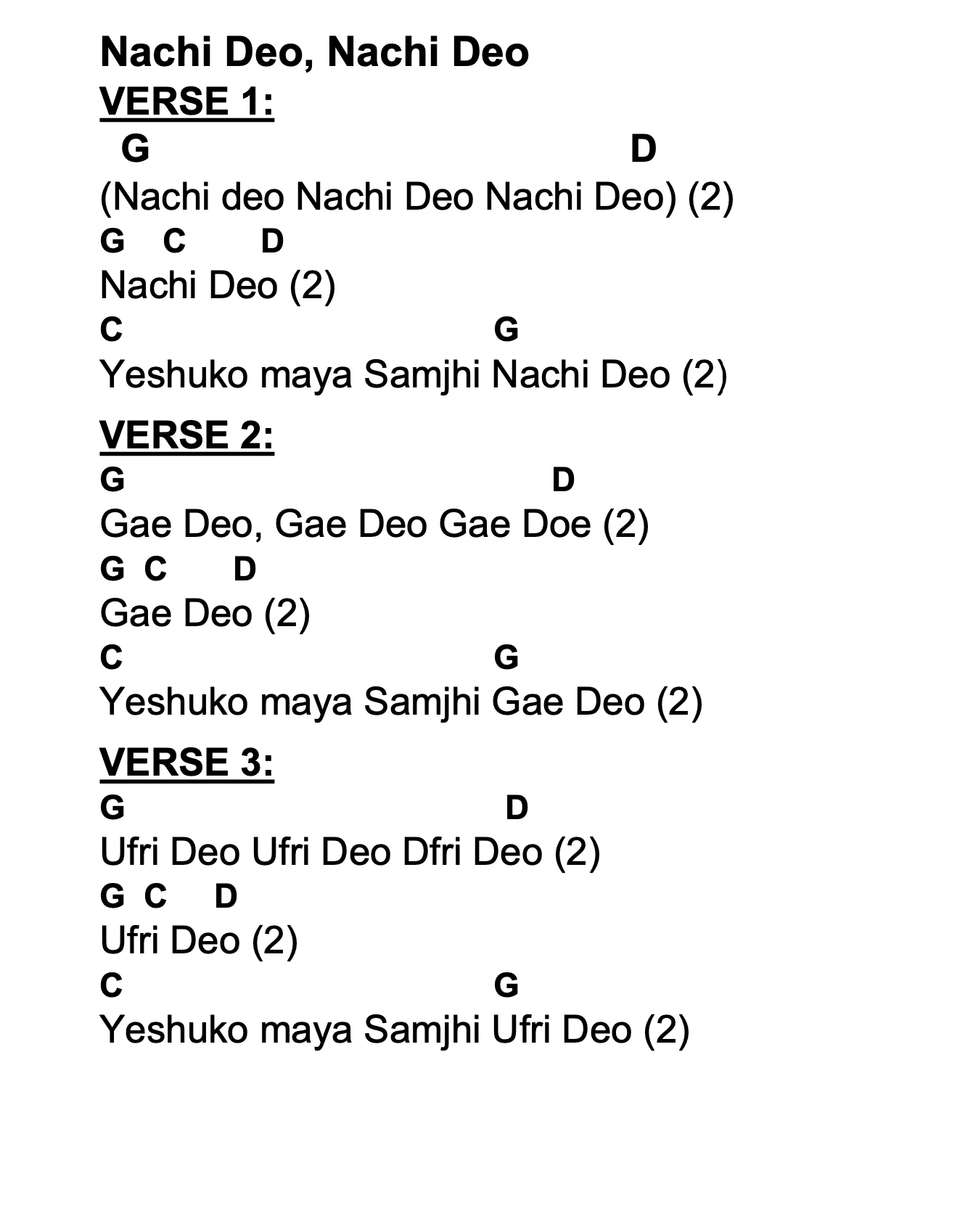 Lyrics and chords for Nachi Deo, Nachi Deo, key G, page 2 of 2
