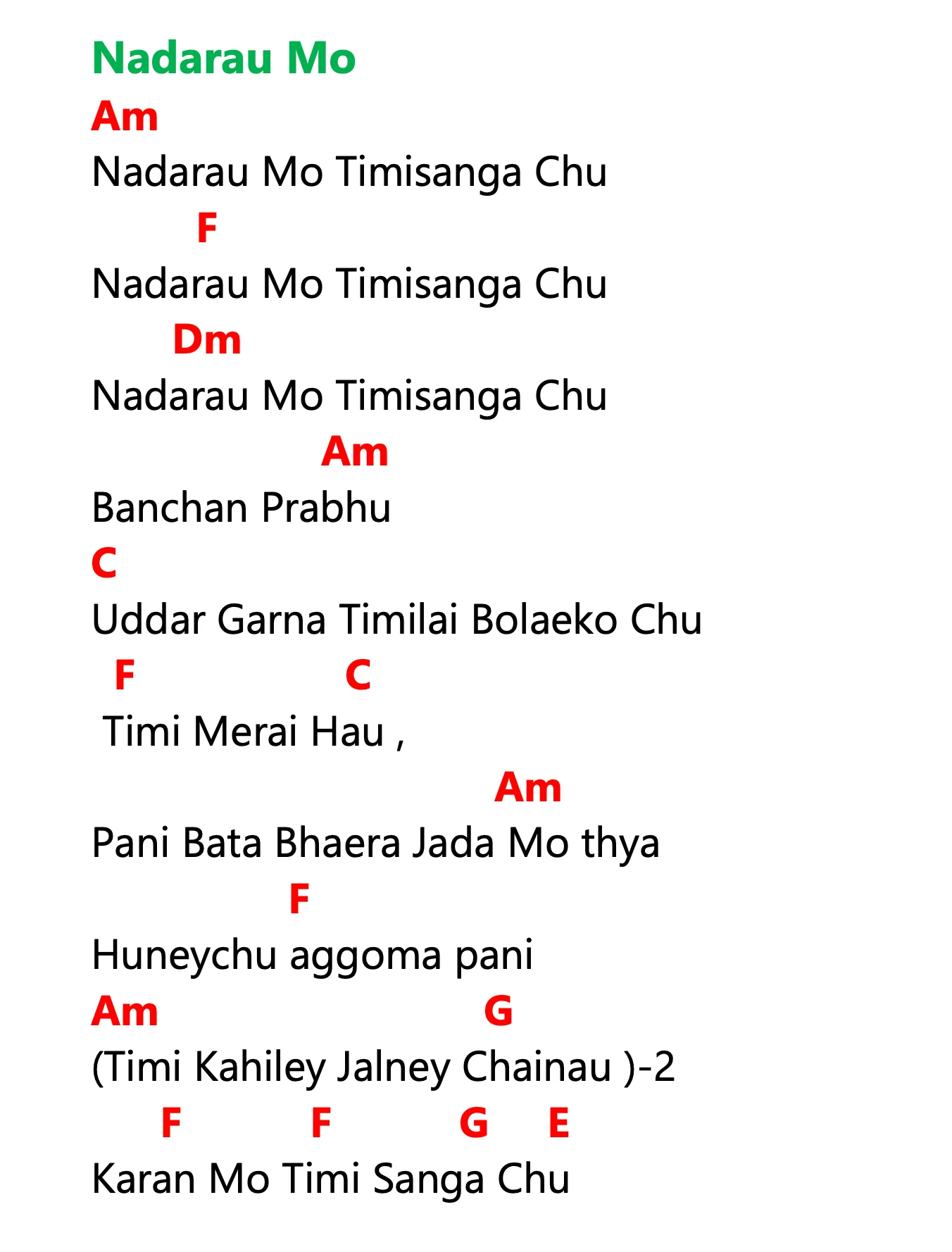 Lyrics and chords for Nadarau Mo, key Am, page 2 of 2