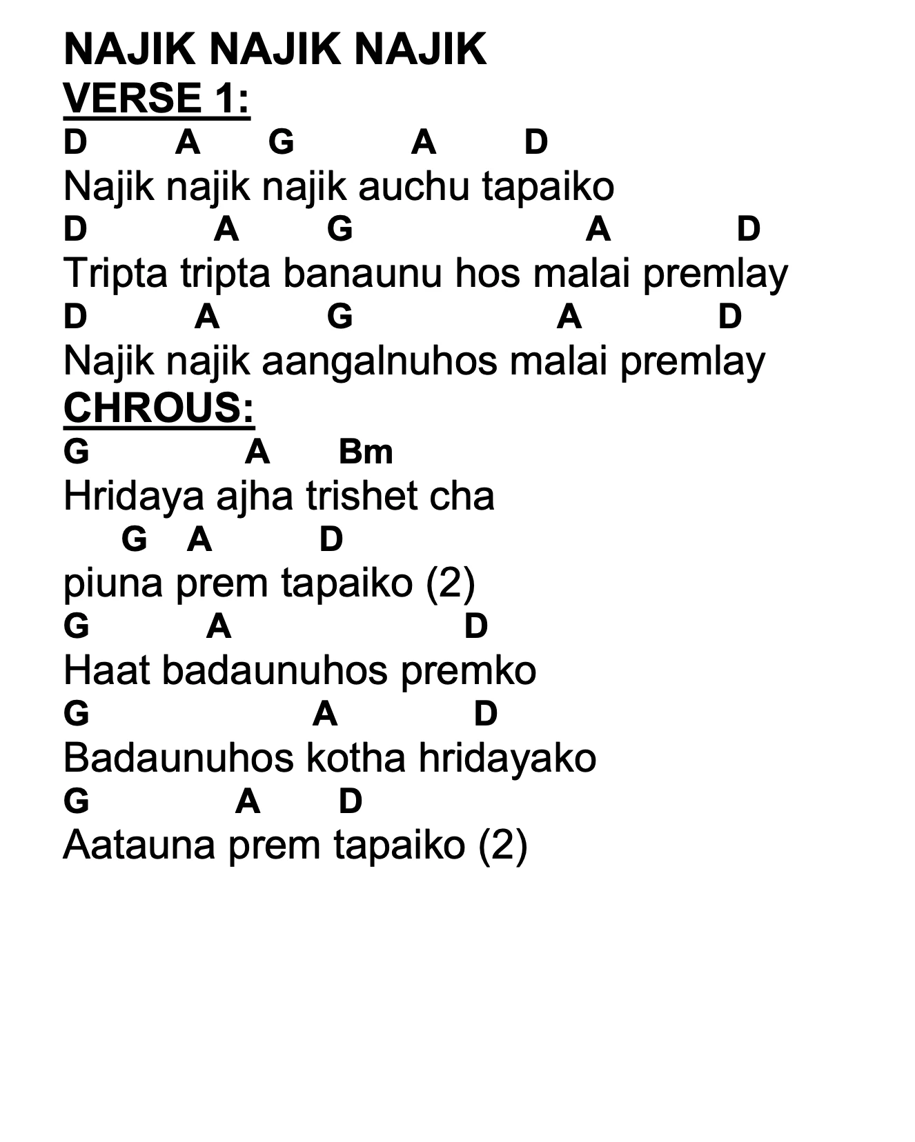 Lyrics and chords for Najik Najik Najik, key D, page 2 of 2