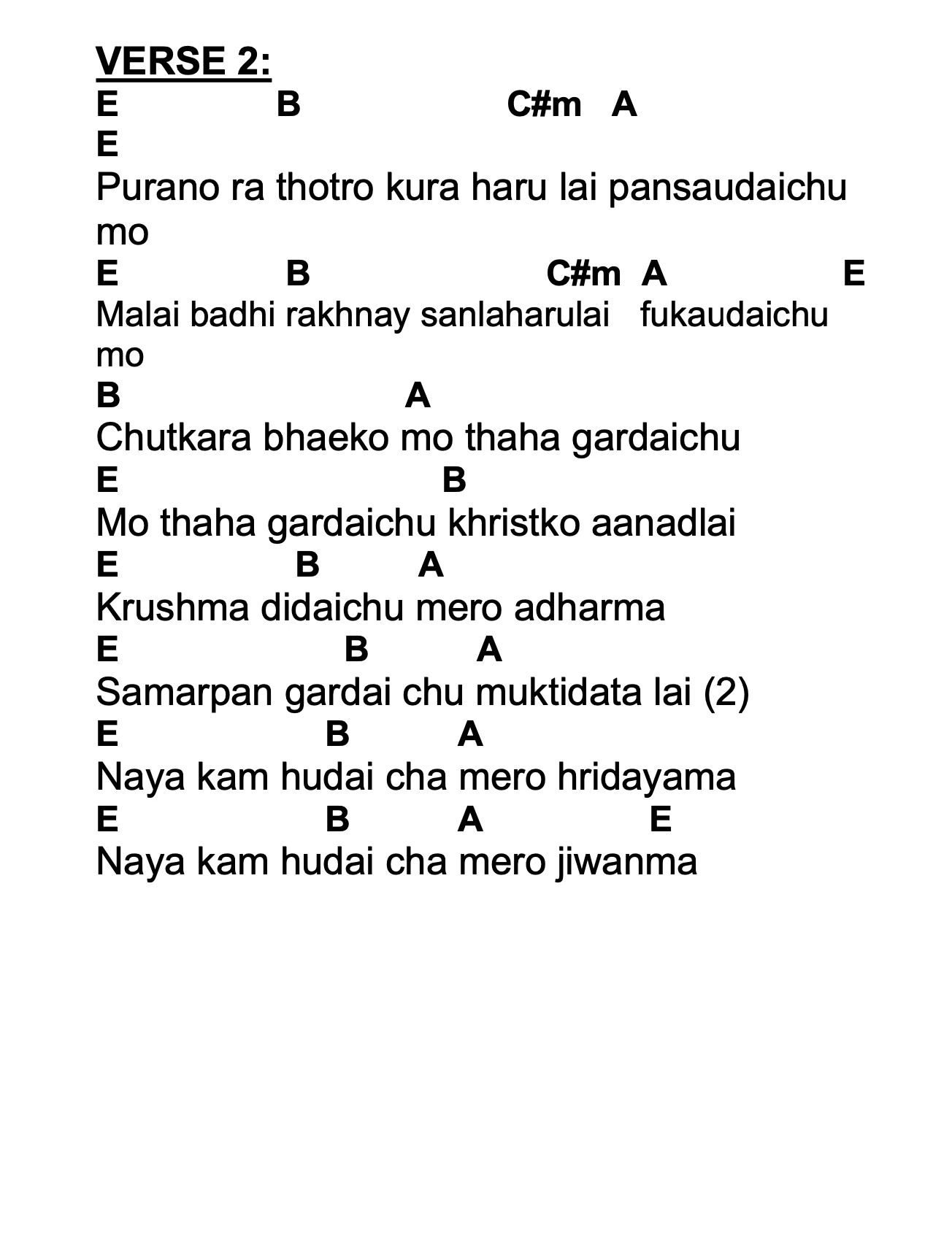 Lyrics and chords for Naya Kam Hudai Cha, key E, page 3 of 3