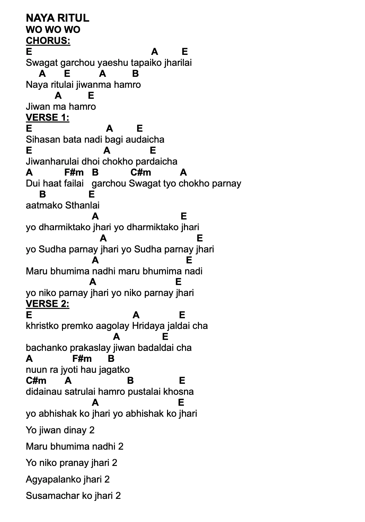 Lyrics and chords for Naya Ritu, key E, page 2 of 2
