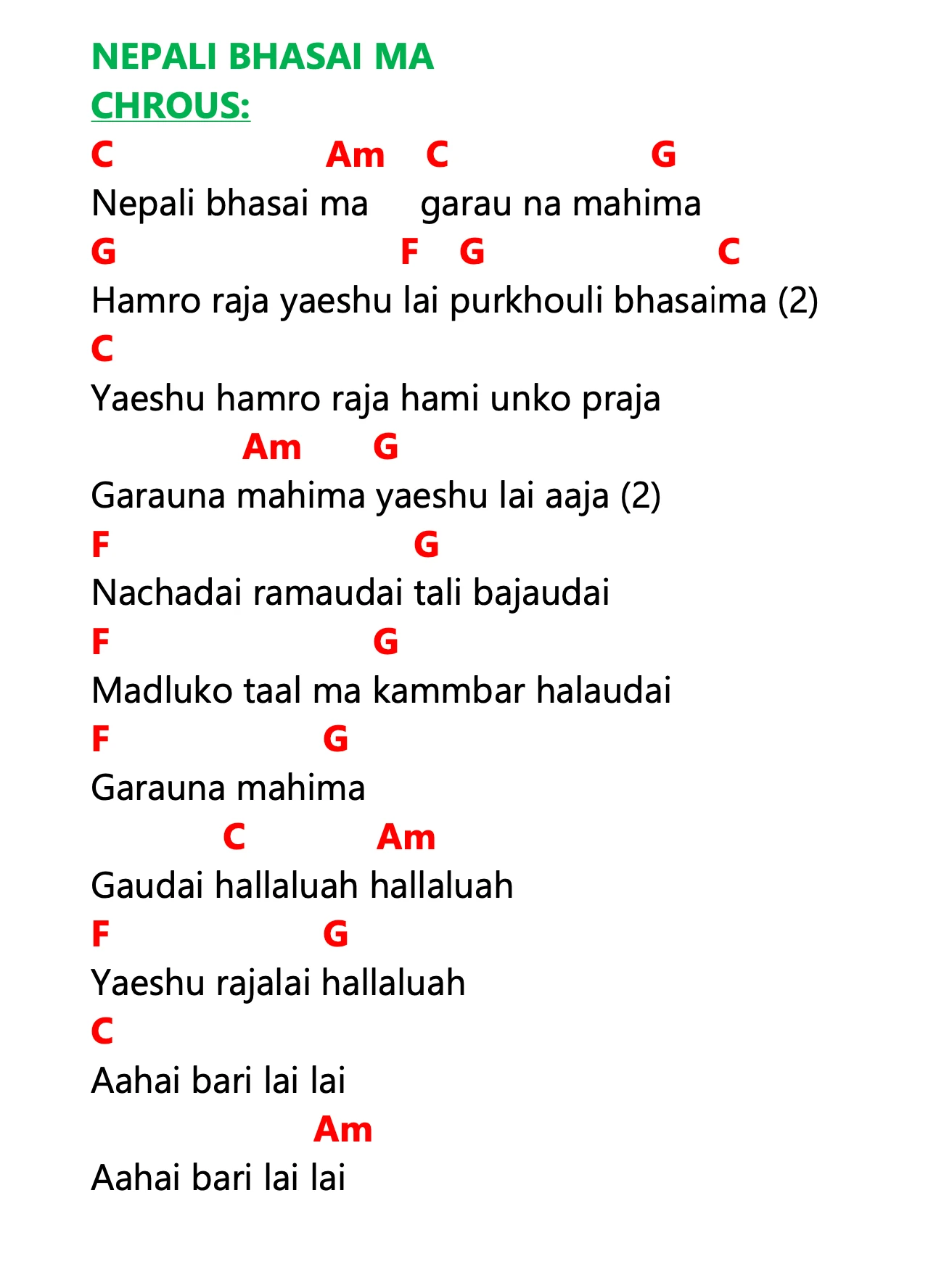 Lyrics and chords for Nepali Bhasai Ma, key C, page 2 of 2