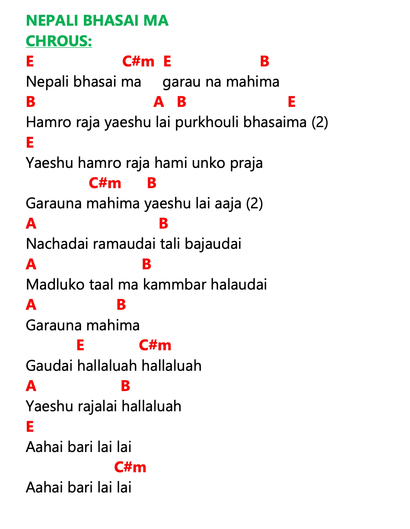 Lyrics and chords for Nepali Bhasai Ma, key E, page 2 of 2