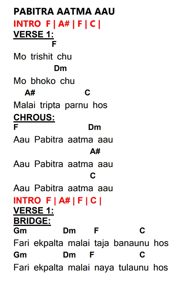 Lyrics and chords for Pabitra Aatma Aau, key F, page 2 of 2