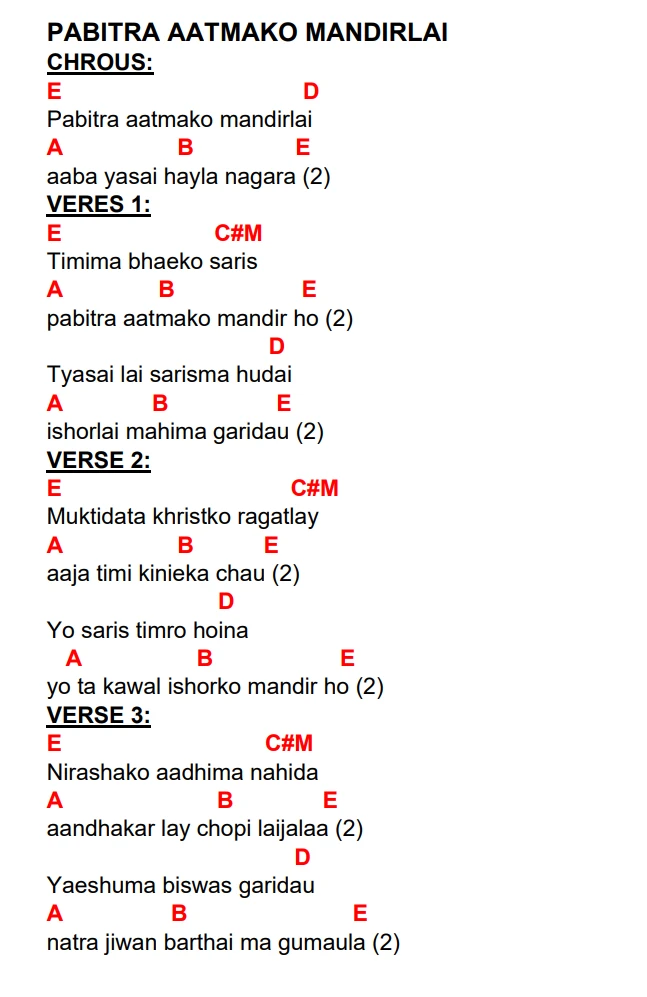 Lyrics and chords for Pabitra Aatmako Mandirlai, key E, page 2 of 2