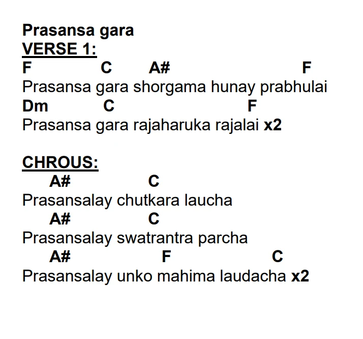 Lyrics and chords for Prasansa Gara, key F, page 2 of 2