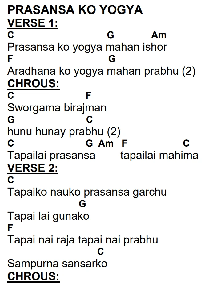 Lyrics and chords for Prasansa Ko Yogya, key C, page 2 of 2