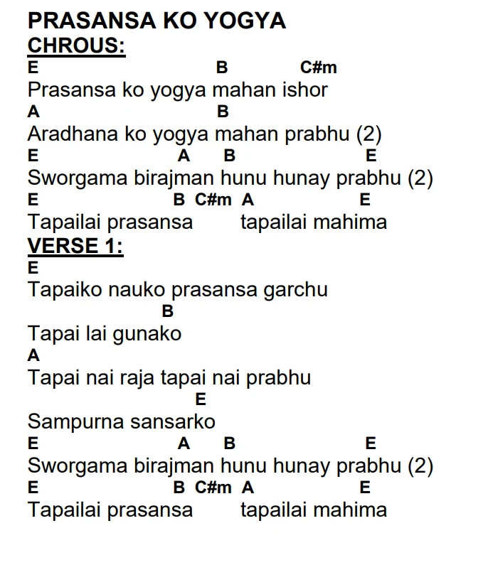 Lyrics and chords for Prasansa Ko Yogya, key E, page 2 of 2
