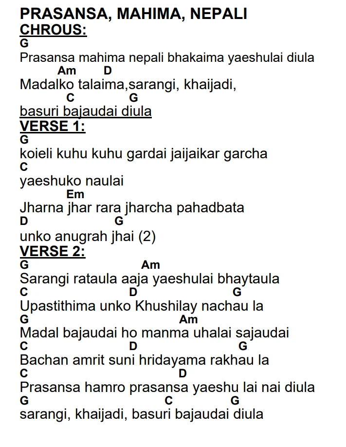 Lyrics and chords for Prasansa, Mahima, Nepali, key G, page 2 of 2
