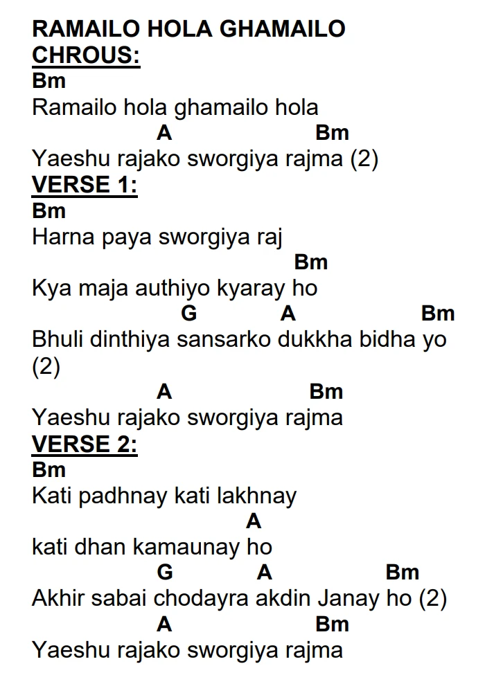 Lyrics and chords for Ramailo Hola Ghamailo, key Bm, page 2 of 2