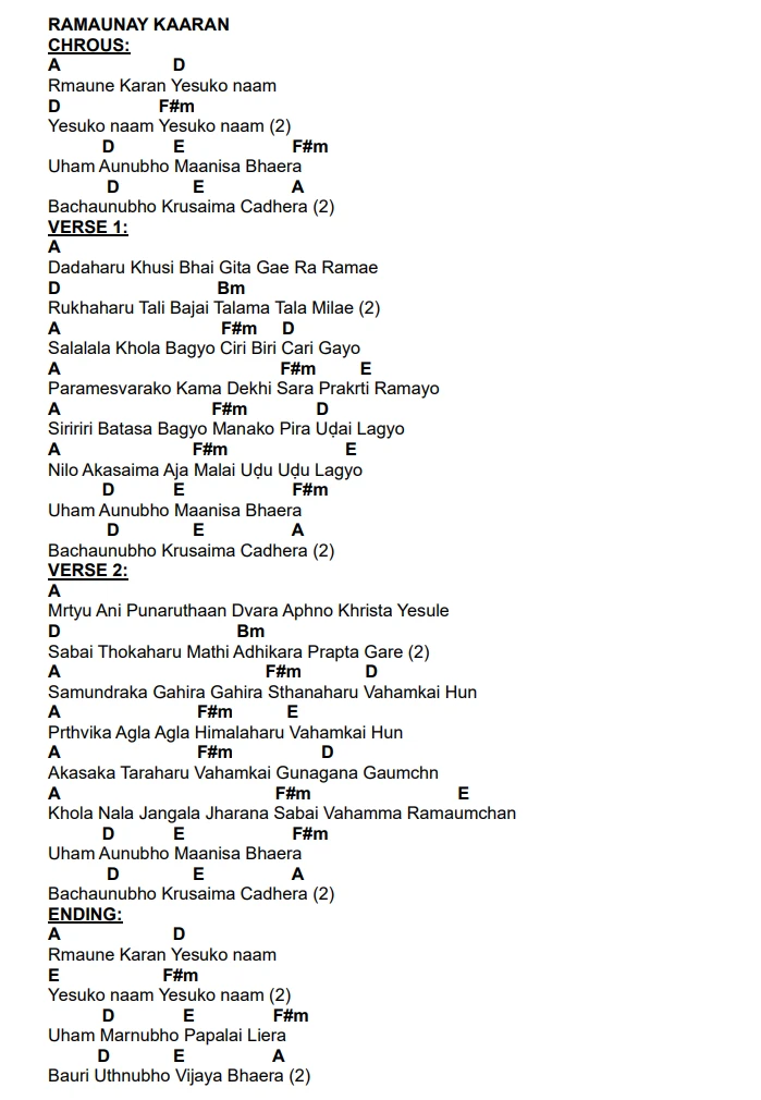 Lyrics and chords for Ramaunay Kaaran, key A, page 2 of 2