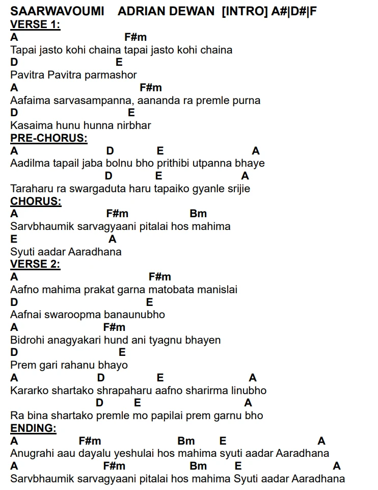 Lyrics and chords for Saarwavoumik, key A, page 3 of 4