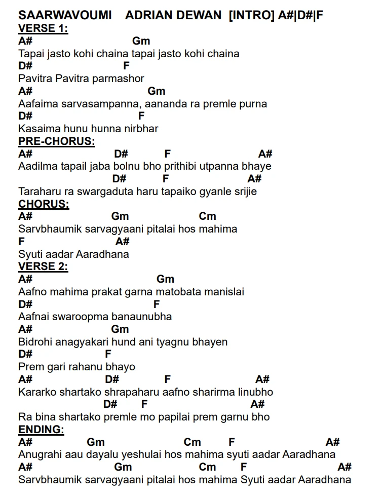 Lyrics and chords for Saarwavoumik, key A#, page 2 of 2