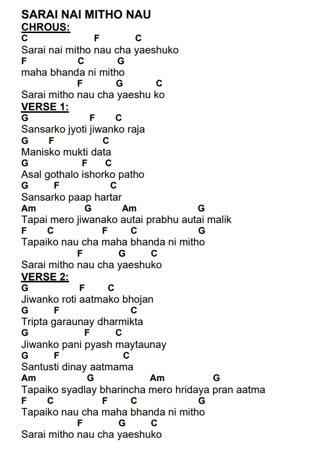 Lyrics and chords for Sarai Nai Mitho Nau, key C, page 2 of 2