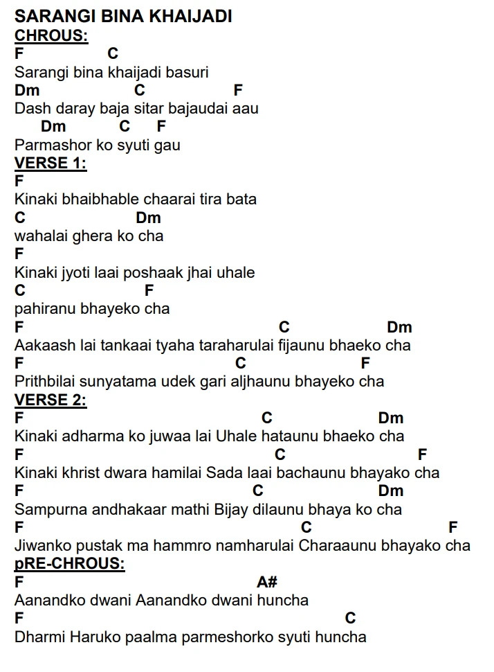 Lyrics and chords for Sarangi Bina Khaijadi, key F, page 2 of 2