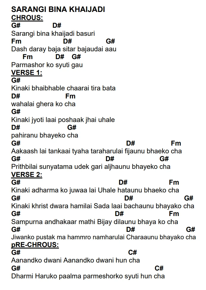 Lyrics and chords for Sarangi Bina Khaijadi, key G#, page 2 of 2
